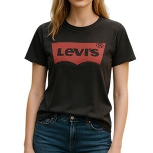 LEVIS Black Red Tab Graphic Logo Crewneck Short Sleeve T-Shirt Girl Fit Size L